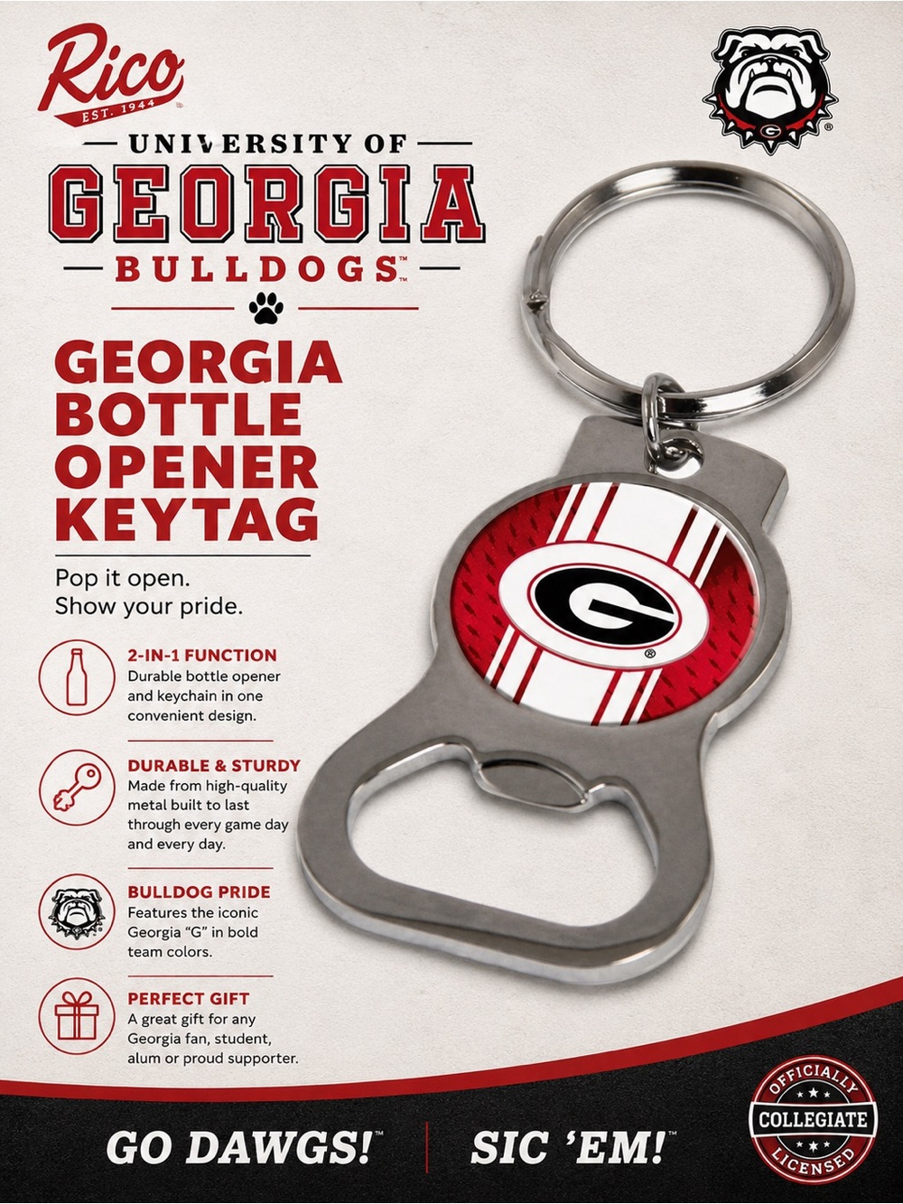 Georgia Bulldogs Bottle Opener / KeyTag